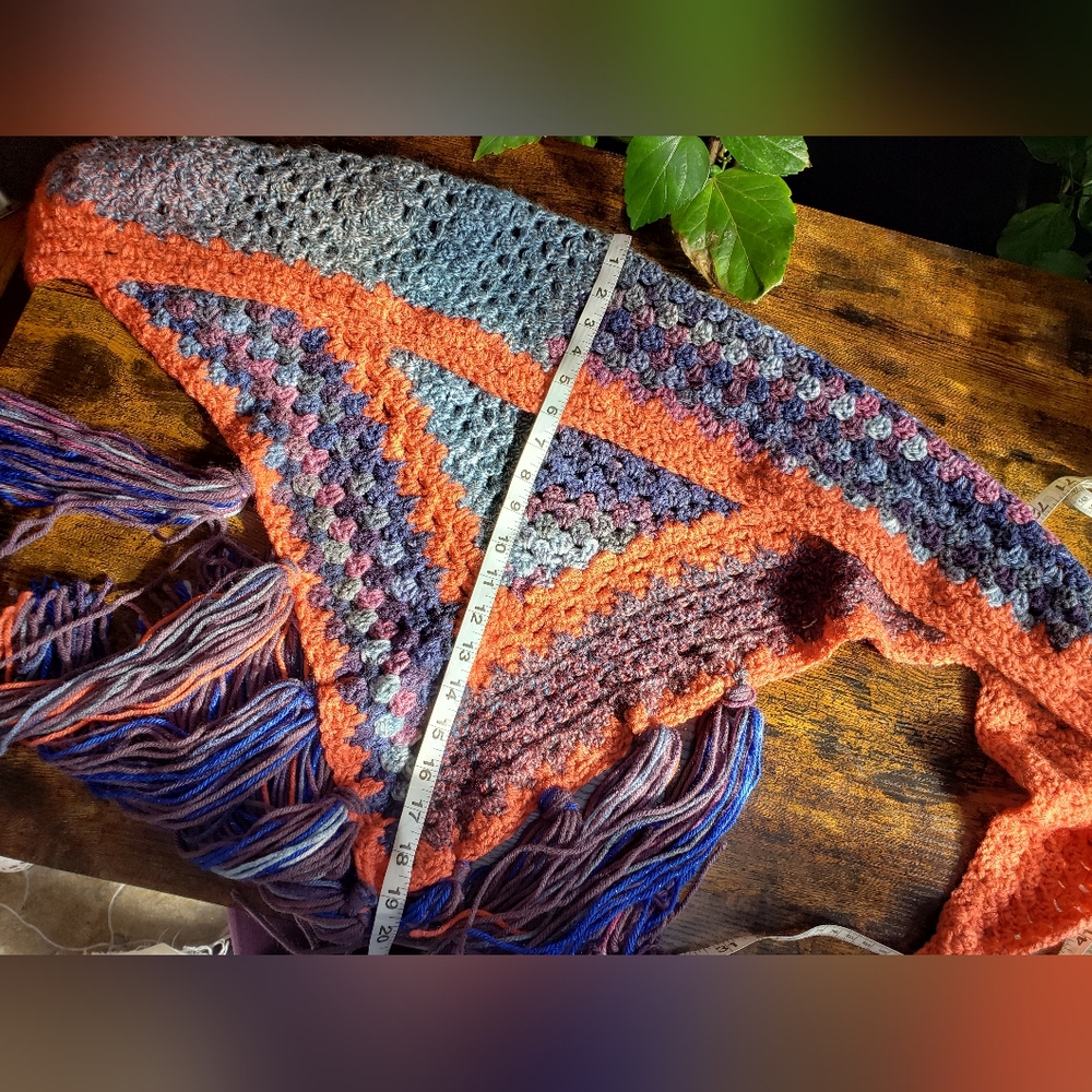 NWT* Handmade wrap scarf💜 MarpleMade Designs,  the Mix Up scarf, denim/orange - Picture 8 of 11